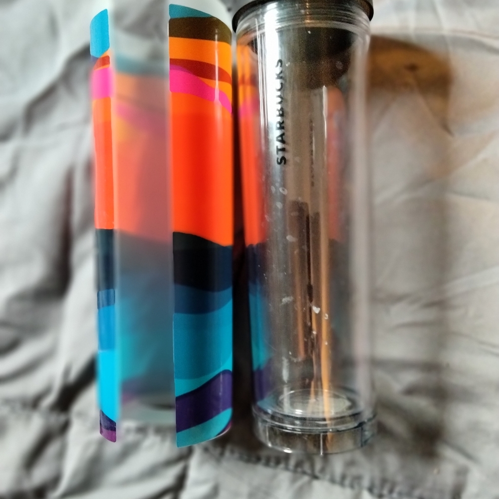 Starbucks clear acrylic Tumbler with multi color sleeve both Brand new.